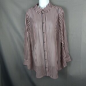 Roamans Womens Pink Black Striped Sheer Button Down Blouse Long Sleeve Collared